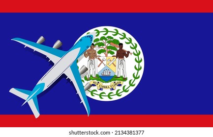 Plane and flag of Belize. Travel concept for design. The plane flies over the flag of Belize.