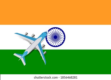 The plane and the flag of India. Travel concept for design. Vector Illustration of a passenger plane flying over the flag of India. The concept of tourism and travel