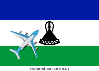 Plane and flag of Lesotho. Travel concept for design. Vector Illustration of a passenger plane flying over the flag of Lesotho. The concept of tourism and travel
