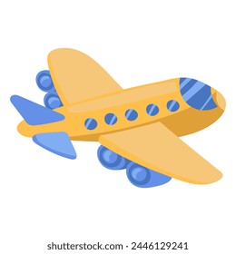 Plane is flat for children. An air plane flying up. The flight of a toy airplane. A painted airplane with flying wings. Traveling by plane. Side view of the airliner. Color flat vector illustration