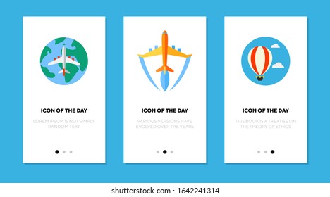 Plane flat icon set. Hot air baloon, aircraft, flying isolated sign pack. Air transport concept. Vector illustration symbol elements for web design and apps