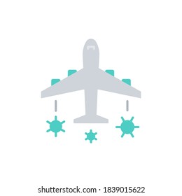 Icono plano del avión con símbolo de virus o pandemia, Vector.