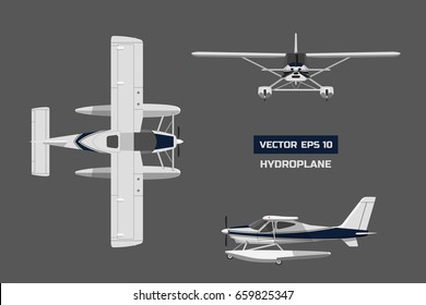 Plane in a flat style on a gray background. Cargo aircraft. Industrial drawing of hydroplane. Top, front and side view. Vector illustration