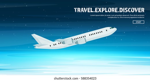 Plane in a flat style.Travel and tourism. Airplane, aviation. Summer holidays, vacation. Plane landing. Flight, air traveling. Sky, aerial background. Journey.