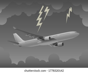 The plane flew in the dark sky accompanied by lightning