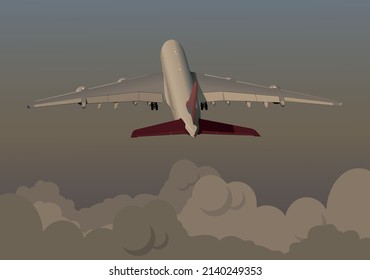 The plane flies above the clouds. Vector.