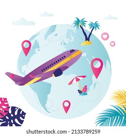 Plane flies along certain route to designated point. Airplane flies around globe to warm country. Passengers flying on vacation. International flights and holidays abroad. Flat vector illustration