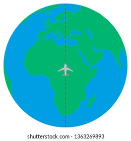 The plane flies along the globe