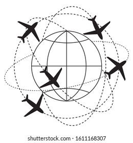 the plane flies along a trajectory. Planet earth with planes around. Vector flat illustration isolated on a white background. Airplane travel.