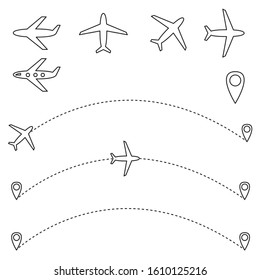 the plane flies along a trajectory. Vector illustration isolated on a white background. Airplane linear icons.