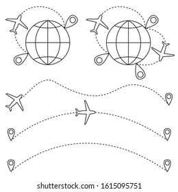 the plane flies along a trajectory. Vector illustration isolated on a white background. Airplane linear icons.