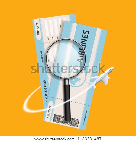 Plane flies around the air ticket and a magnifying glass. Stock vector illustration.