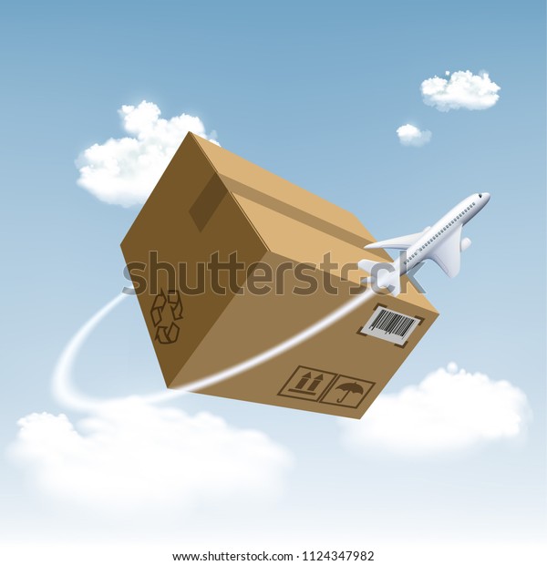 飛行機は段ボール箱の周りを飛ぶ 航空便での荷送り 世界中の無料 高速貨物輸送 ベクターイラスト のベクター画像素材 ロイヤリティフリー