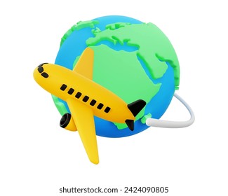 Plane Flies around Earth Isolated on White Background. Around World Travel Concept. Design Element for Travel, Adventure, Business Trip, Migration, Relocation Concepts. Vector Illustration 3D Render.