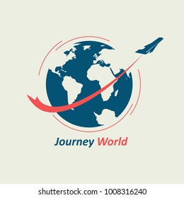 O avião voa ao redor do globo, deixando para trás uma linha vermelha. O logotipo simboliza a empresa de viagens.