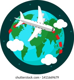 The plane flies around the planet earth on a white background. Logotype