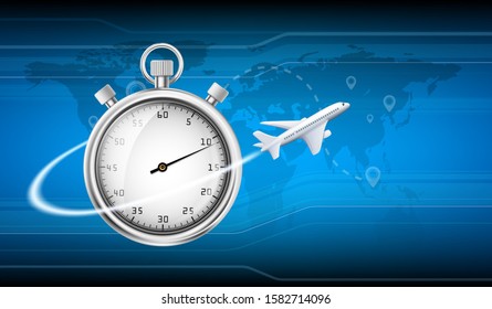 Plane flies around the stopwatch. Fast shipping. Vector illustration