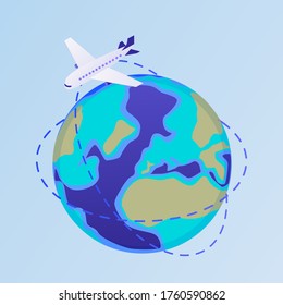 Plane flies around world illustration. White passenger airliner runs around entire planet concept tourist and exploratory travel international aviation vector lines.