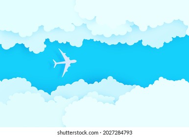 The plane flies between white clouds in the blue sky in paper cut style. 3d papercut background with top view cloudy sky. Simple weather layered banner. Vector illustration of cloudscape pastel colors