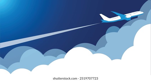 O avião voa no céu azul acima das nuvens, deixando rastros atrás dele. Ilustração, modelo vetorial editável para cabeçalho de página da Web