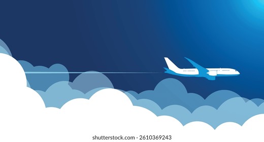 Plane flies in blue sky above clouds, leaving trail behind it. Illustration, editable vector template for webpage heade