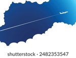 Plane flies in blue sky between clouds, leaving trail behind it. Illustration, editable vector