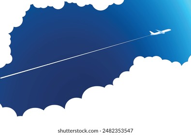 Plane flies in blue sky between clouds, leaving trail behind it. Illustration, editable vector