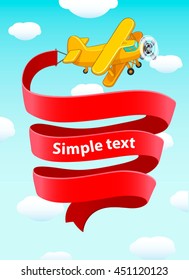 The plane flies in the blue sky with clouds. Fluttering red ribbon. Cartoon vector illustration. Poster.