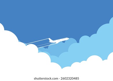 Plane flies in blue sky, leaving trail behind it. Vector illustration.