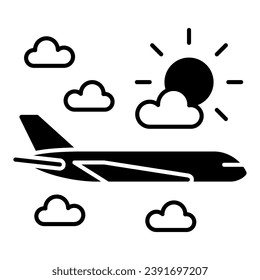 Plane flies in the clouds solid icon, airlines concept, plane in clouds vector sign on white background, plane, clouds glyph style for mobile concept and web design. Vector graphics