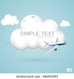 The Plane Flies In The Clouds. Symbol Of 3d Cloud And Plane. Concept Travel Background. Vector Illustration