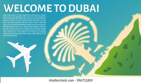 The plane flies to Dubai. Tourism in United Arab Emirates. Top view of the island in the form of a palm tree. Travel banner