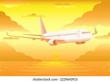 El avión vuela al anochecer y el cielo se vuelve amarillo sobre el mar