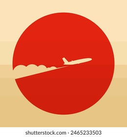 Plane flies in morning sunrise time gradient illustration. An airplane silhouette in the sky with setting sun.