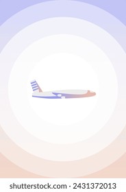 Plano vuela en la ilustración de gradiente de la mañana. Un avión sobre fondo púrpura del cielo con puesta de sol.