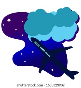 plane flies at night flat illustration