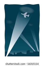 the plane flies at night in a projector beam (vector)