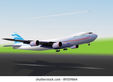 Plane flies up on blue, green background with runway.