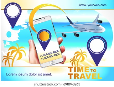 The plane flies on a journey to the sea. Time to travel. Phone in hand. The business card, poster, sticker, ticket for travel agencies, firms for the sale of tours and trips.