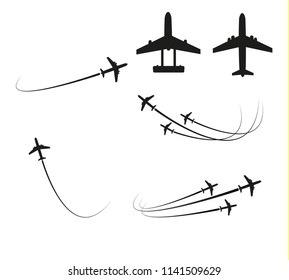 The plane flies on the line. The waypoint is intended for a tourist trip. and his track on a white background. Vector illustration. Tourism and travel.