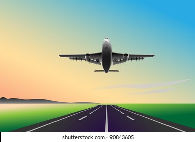 Plane flies up on sunset background with runway