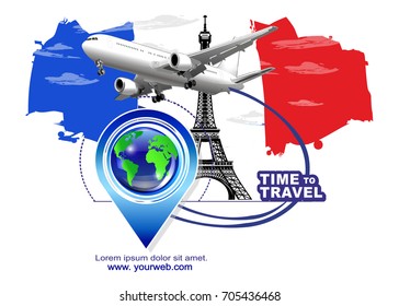 The plane flies on a trip to France. Time to travel. The business card, poster, sticker, ticket for travel agencies, firms for the sale of tours and trips.Eiffel Tower. France Paris. Logo for travel.