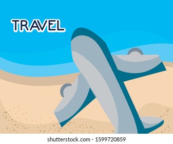 plane flies over beach on tourist vacation. Trip vector illustration