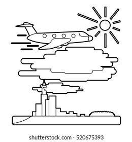Plane flies over city concept. Outline illustration of plane flies over city vector concept for web