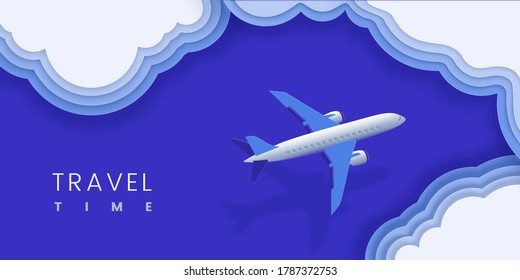 The plane flies over the clouds, ocean. Layered vector illustrations in the style of paper cutting top view. Horizontal blue banner, landing page, for travel template, advertising, summer design.