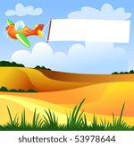 A plane flies over the country by dragging a white banner, vector