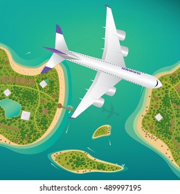 Plane flies over a few tropical islands of different sizes with beaches and houses. Around float boats. View from above. Air traffic or international flights concept. Vector illustration