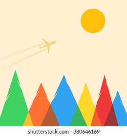 The plane flies over the forest