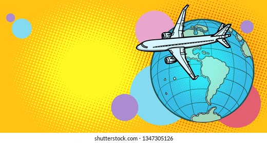 plane flies over globe America passenger aviation. Comic cartoon pop art vector retro vintage drawing