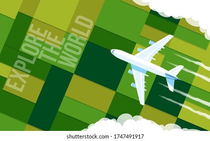 El avión vuela sobre los campos verdes. Avión en las nubes. Vista superior. Ilustración del vector